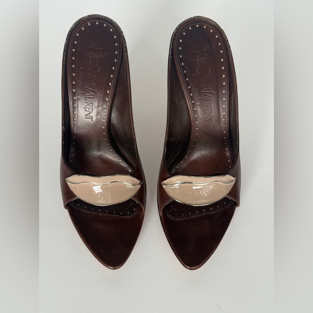 Yves Saint Laurent Brown Leather Pointed-Toe Mules with Nude Lip Accent
